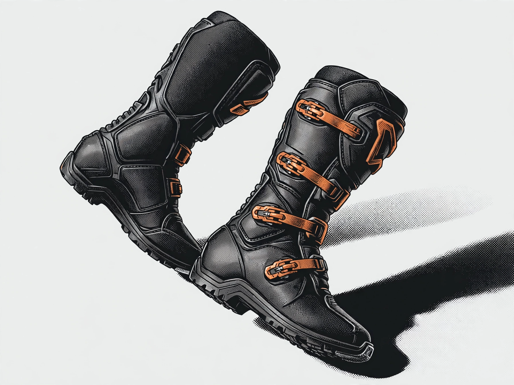 Tall black motocross boots with orange buckles